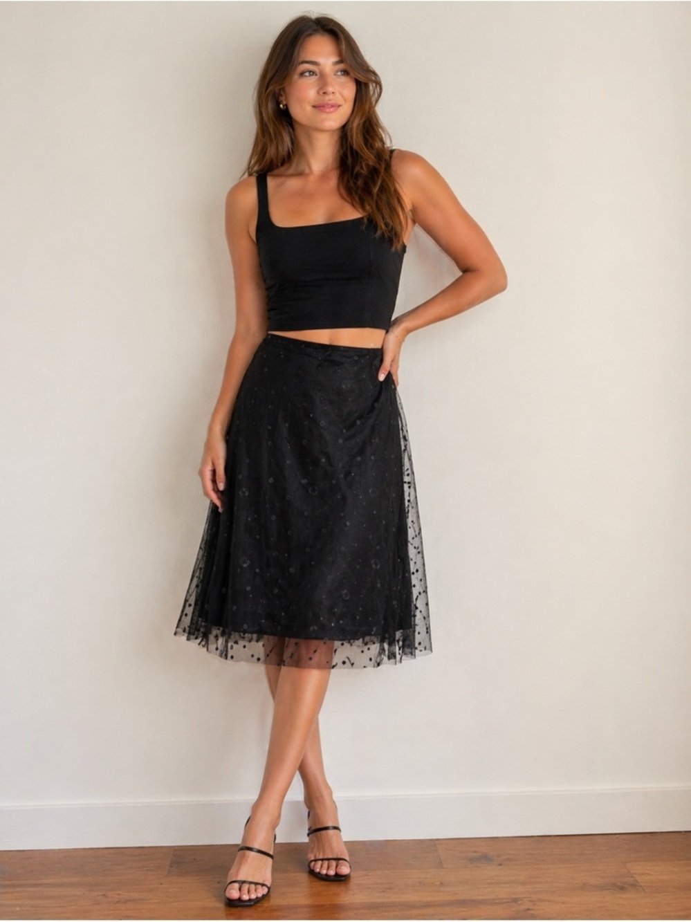 Sara Campbell Black Polka Dot Tulle Skirt Silk Blend A-Line Lined Size 6